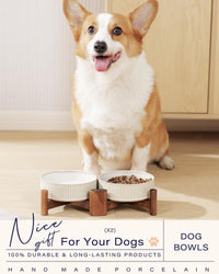 Ceramic Dog Bowls Set with Acacia Wood Stand - Small-1.8Cups / Vintage White - image 3