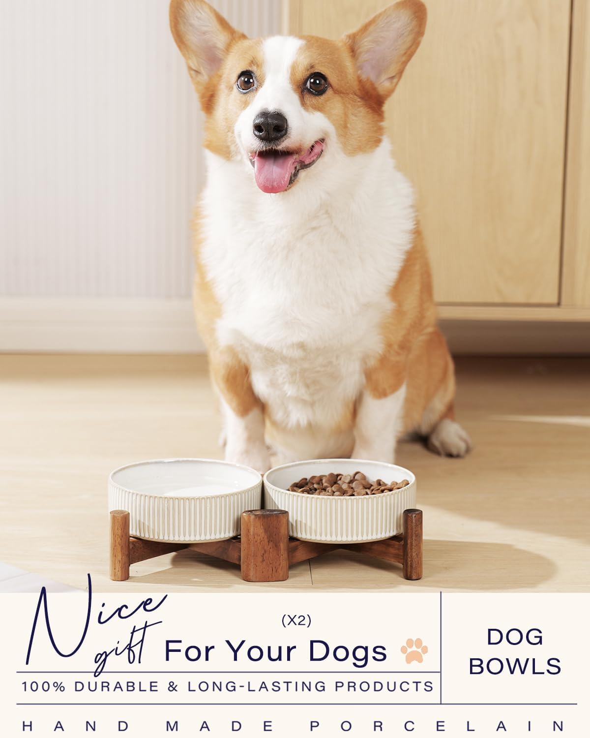 Ceramic Dog Bowls Set with Acacia Wood Stand - Small-1.8Cups / Vintage White - image 3
