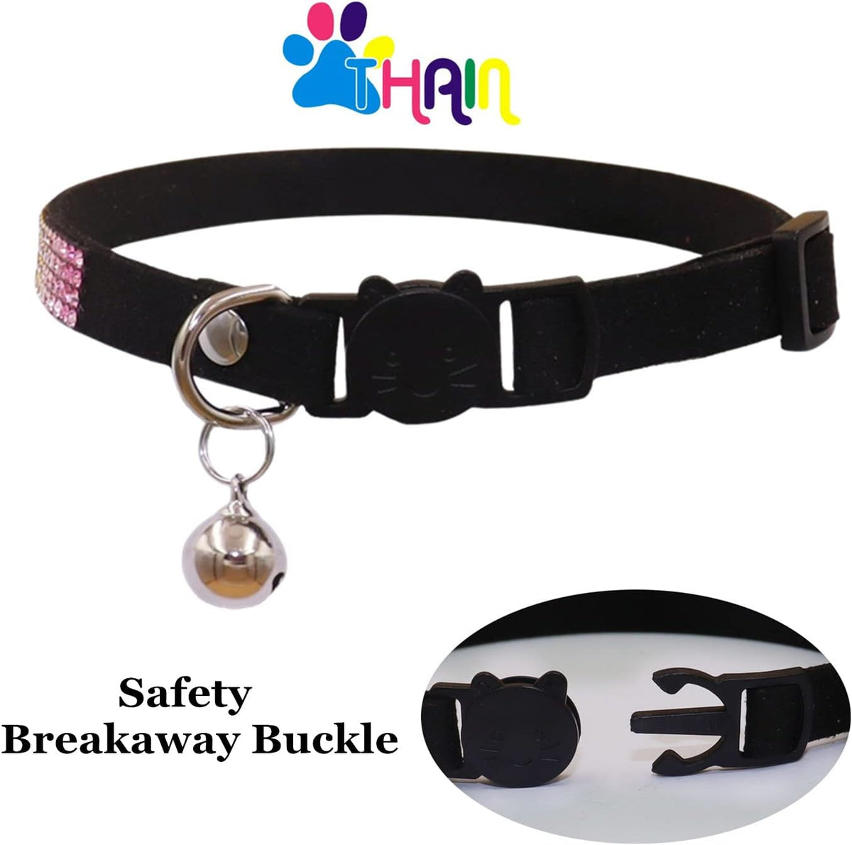THAIN Basic Adjustable Cat Collar Bling Diamond Breakaway with Bell - Black - image 4