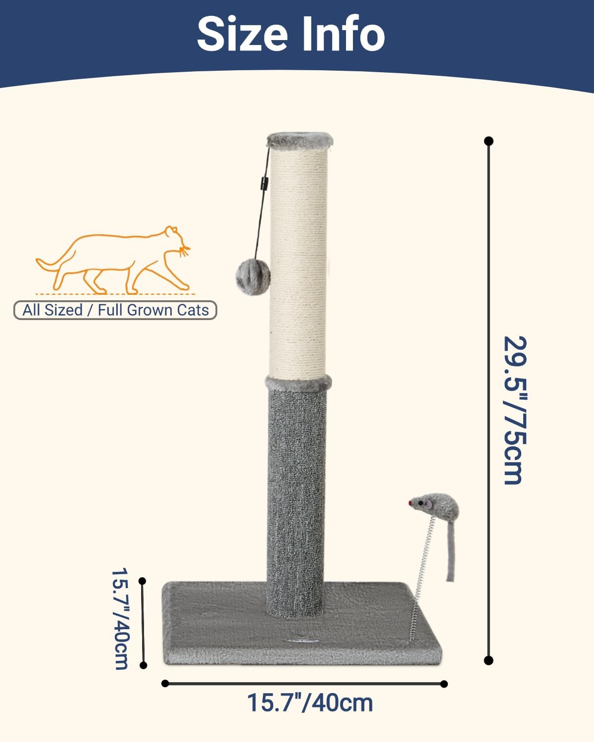 Cat Scratching Post, Cat Scratchers for Indoor Cats with Toys – Essentials for Cats - 29.5" / Light Gray - image 3