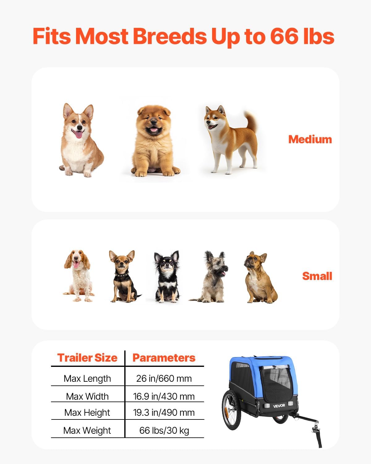 VEVOR Dog Bike Trailer, Supports up to 66 lbs - Blue/Black - image 3