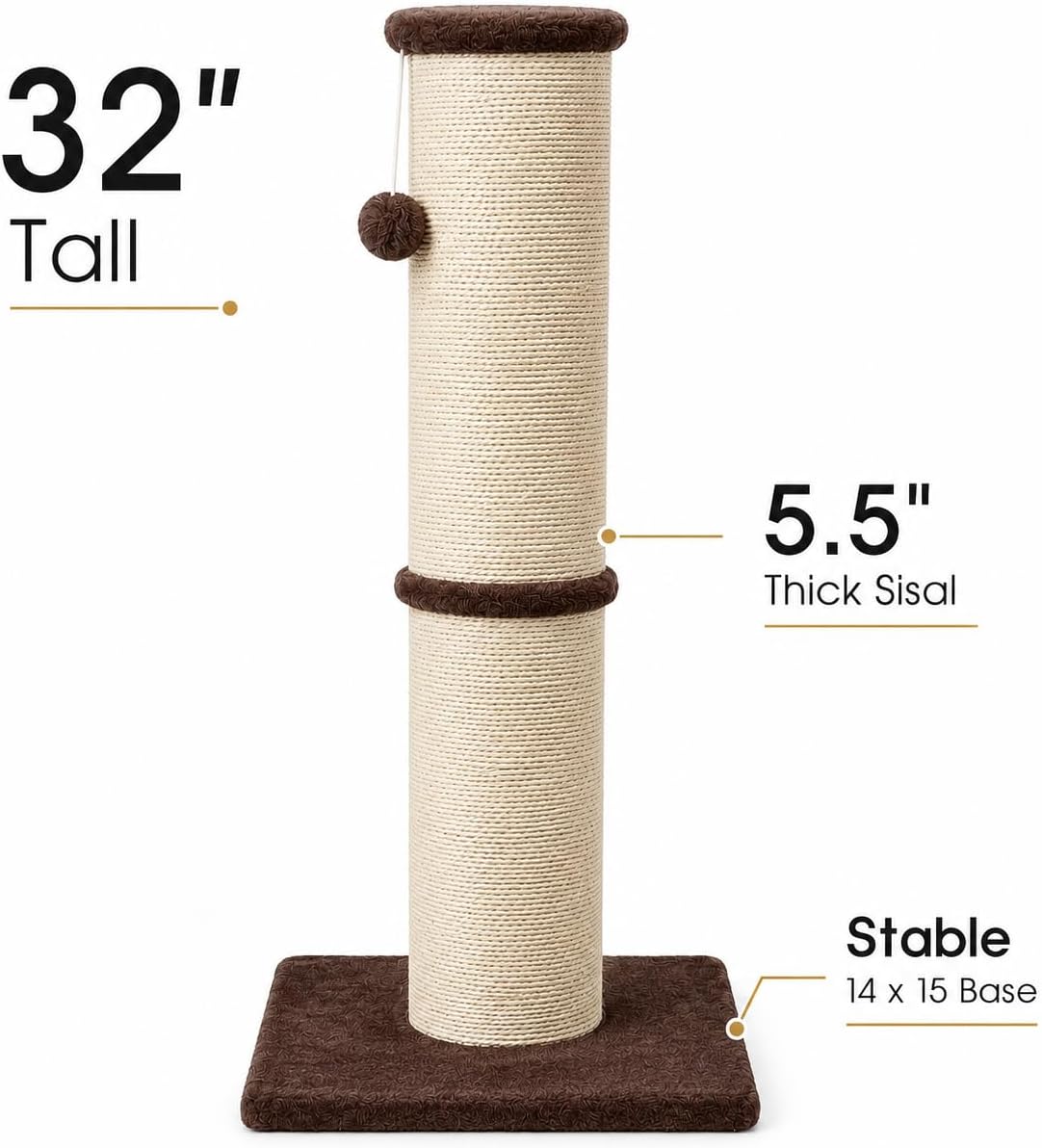 PAWSCRAT 32-Inch Tall Cat Scratching Post, Sisal - X-Large / Brown - image 2