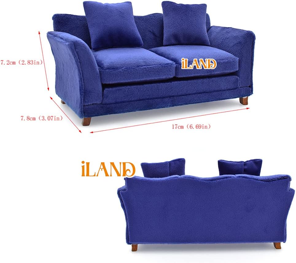 iLAND 1:12 scale dollhouse couch in turquoise blue velvet with two cushions and two pillows - view 13