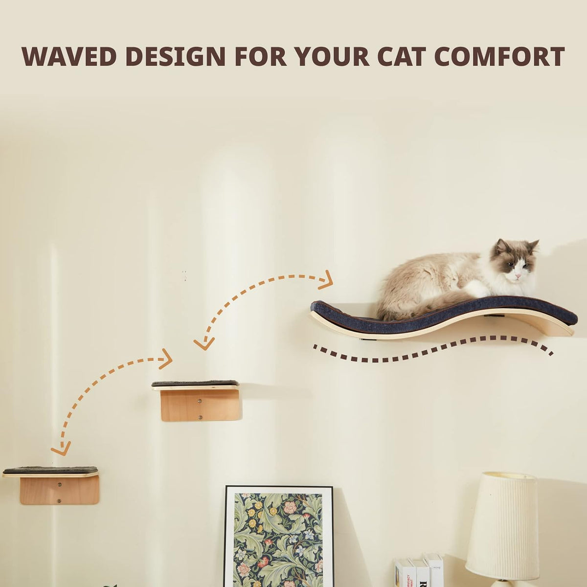 2 Set Cat Wall Steps, Wooden Cat Climbing Shelf for Wall - Wave - image 2