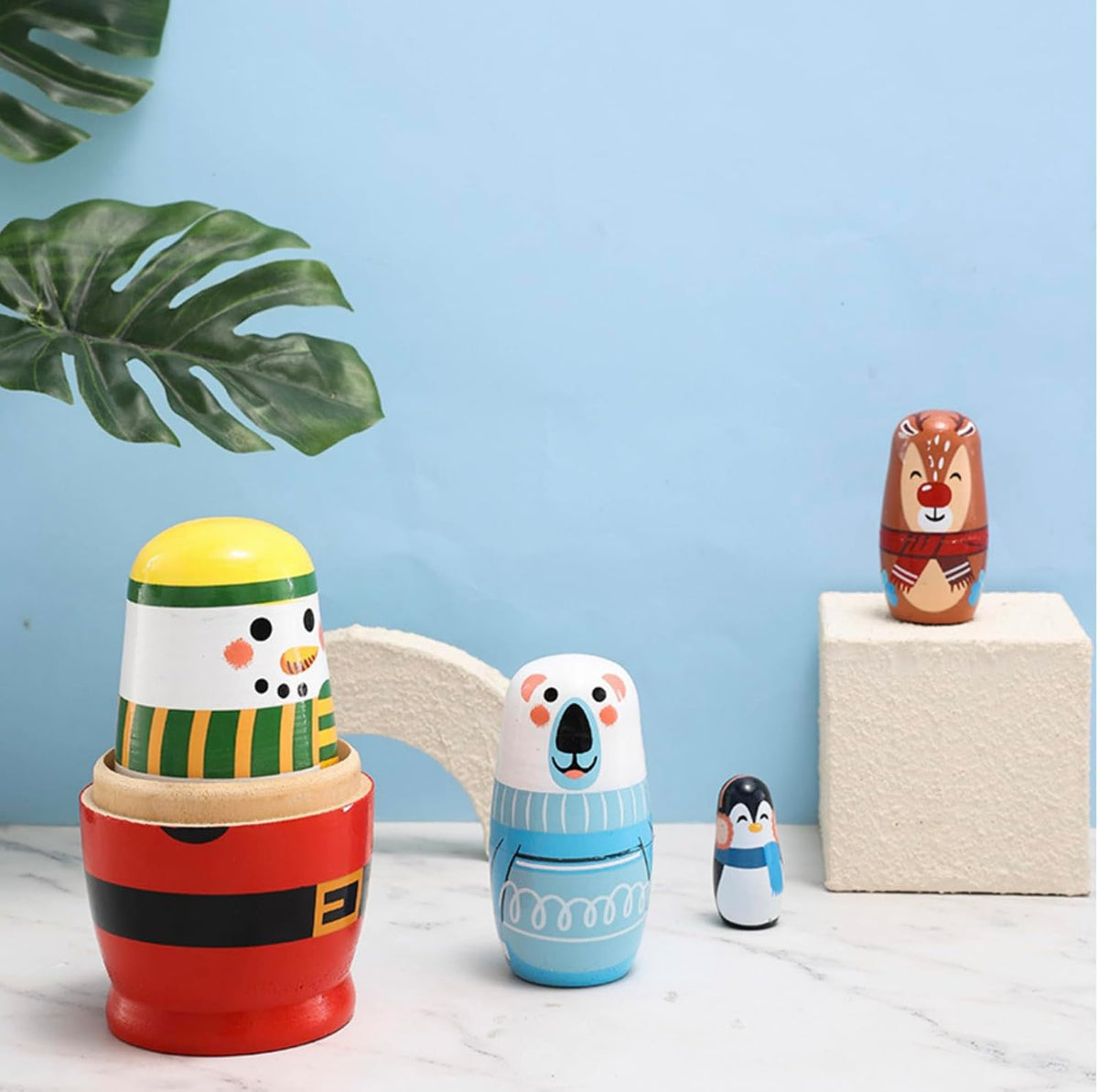 Kakeah 5 piece wooden nesting dolls set with brown bear, fox, owl, rabbit and raccoon - view 12