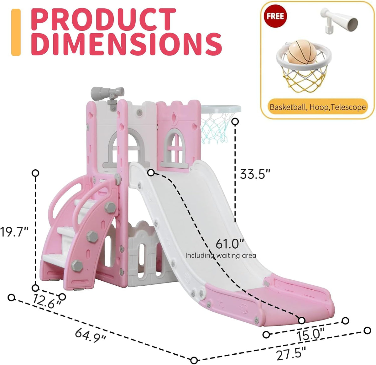 MOCUTEEN toddler slide with climber, basketball hoop, telescope and wide wave slideway - view 2