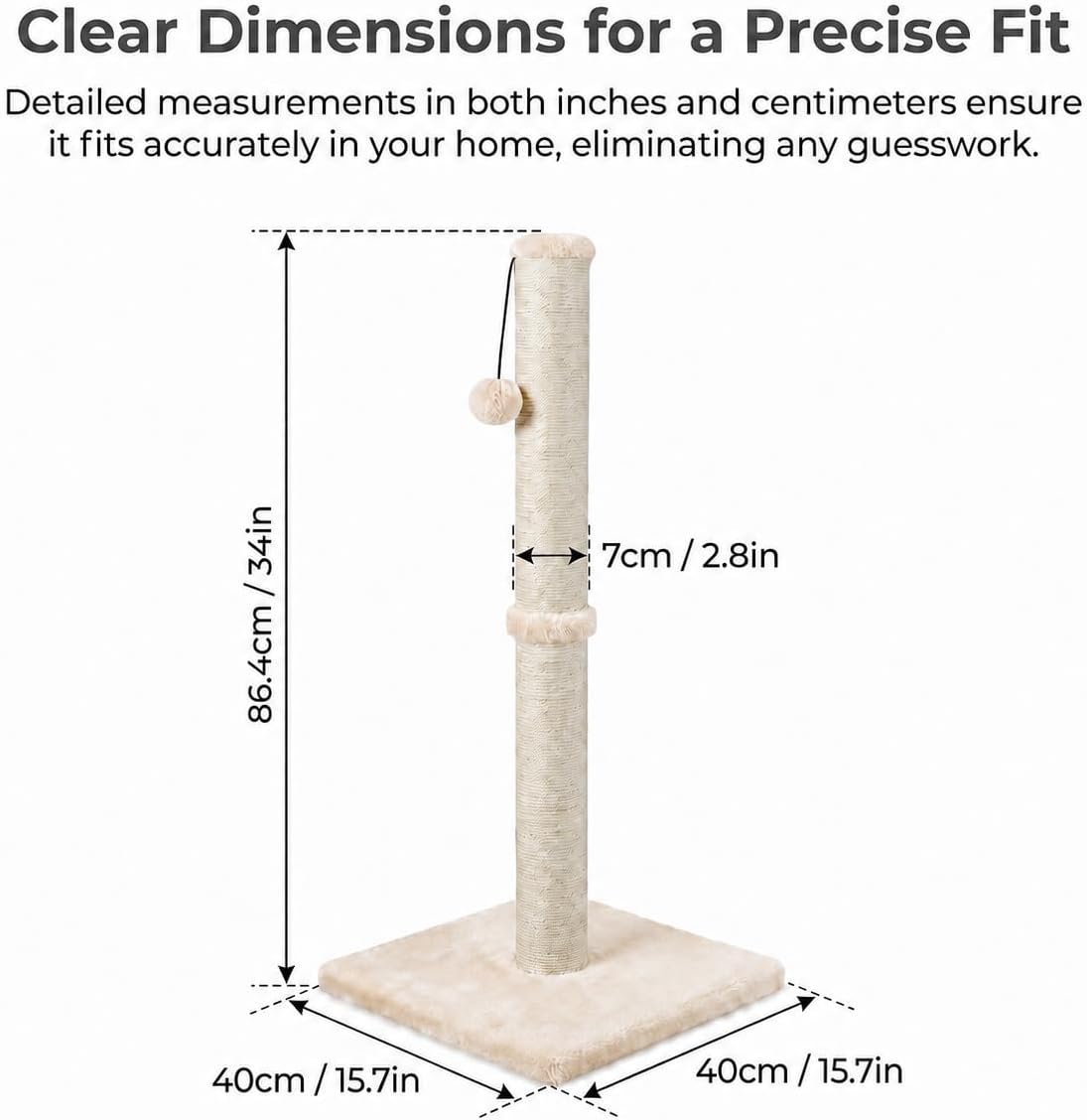 Dimaka Tall Cat Scratching Post Tree Scratcher with Sisal Rope - Beige / 34 inches for Large Cats - image 2