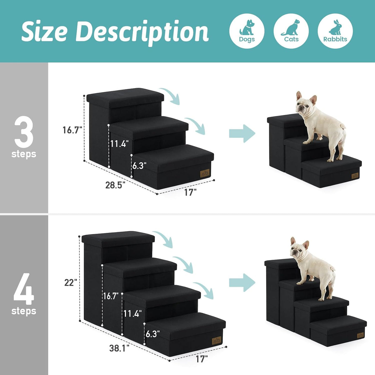 COZY KISS Dog Stairs with Storage, 16.7" H Wider Dog Steps - Black / 3 / 28.5x17x16.7 inch - image 3