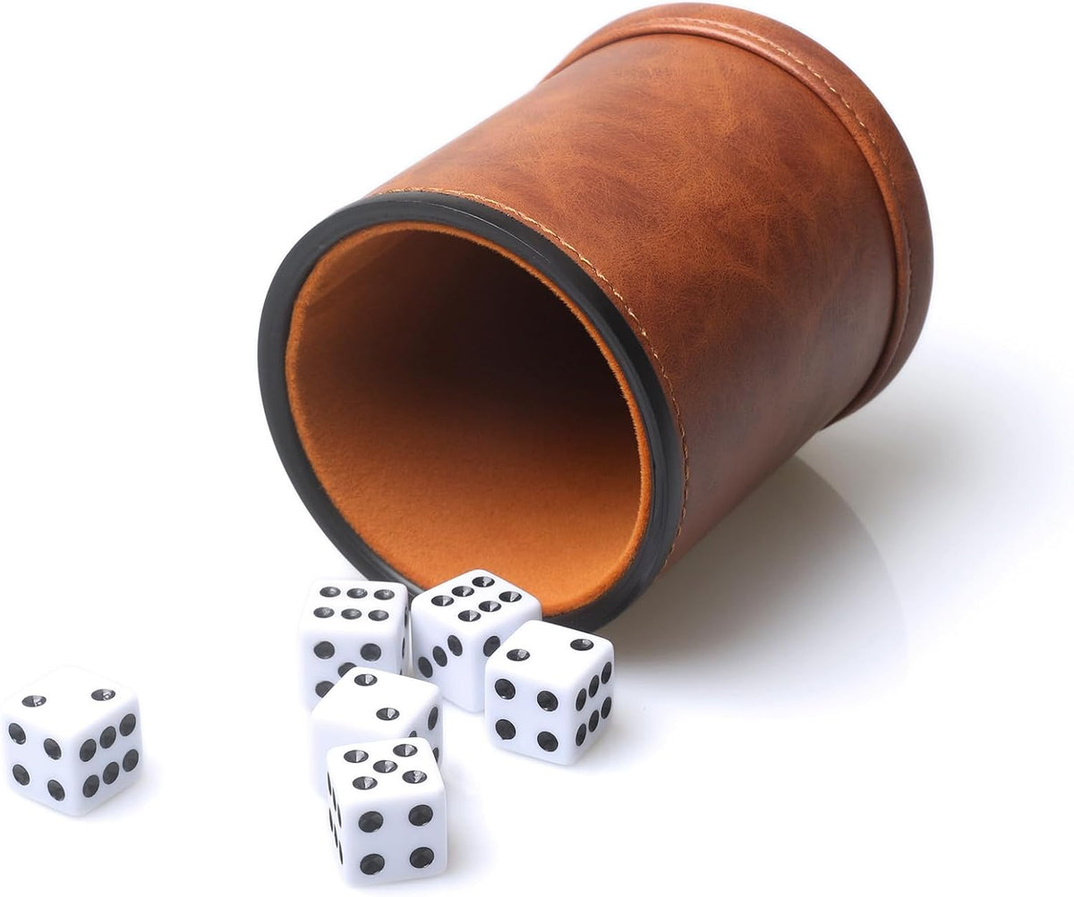 Felt Lined PU Leather Dice Cup Set with 6 Dot Dices – Fun for Kids & Family - Patterned Brown