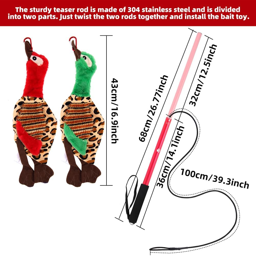 Interactive Dog Toys - Extendable Flirt Pole with 2pcs Squeaky Plush Toy Tugs Red Green for Dog - red - image 3