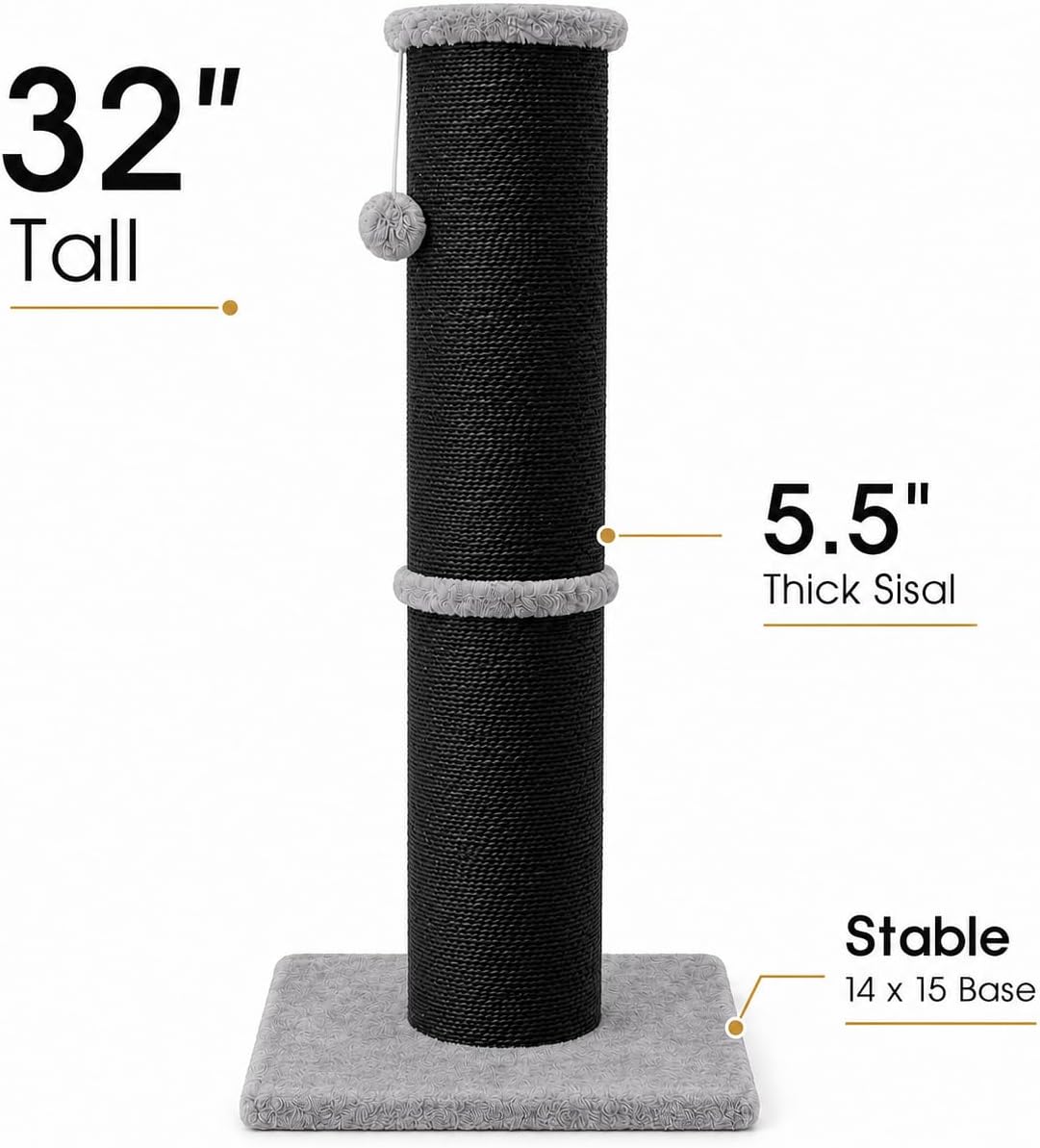 PAWSCRAT 32-Inch Tall Cat Scratching Post, Sisal - X-Large / Black - image 2