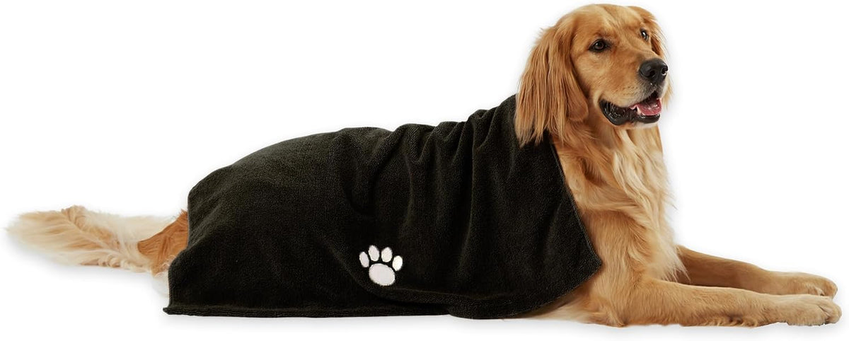 Bone Dry Pet Grooming Towel Collection Absorbent Microfiber X-Large - Embroidered Black / 41x23.5"