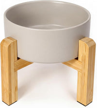 Elevated Cat Water Bowl, Ceramic Raised Cat Food Bowl with Adjustable Bamboo Stand, 5.1" Compact - Medium / Grey