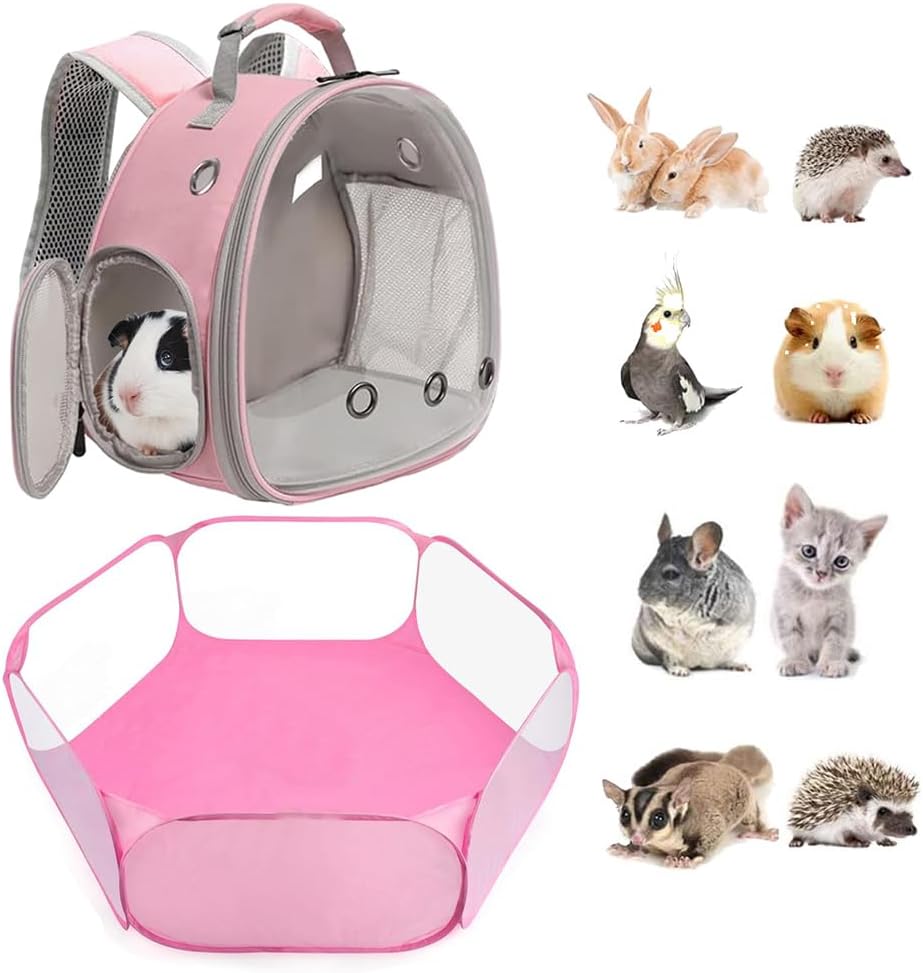 Small Animals Tent, Breathable Transparent Pet Playpen Pop Open Outdoor/Indoor Exercise Fence - Pink+pink / Backpack+Playpen