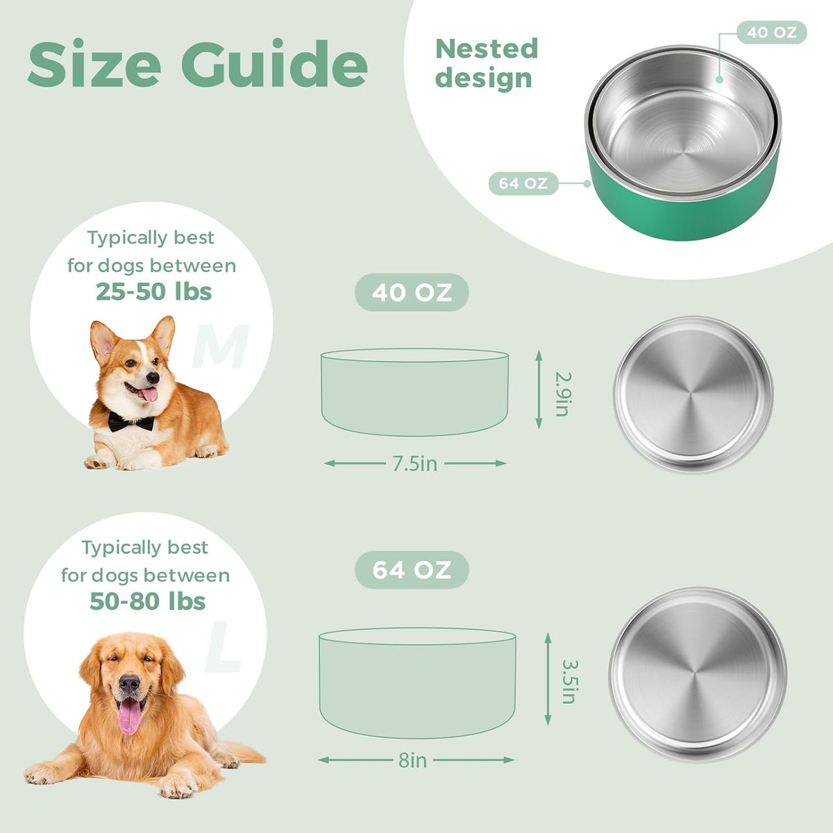 Dog Bowl, Stainless Stee Dog Water Bowl and Food Bowl - 40oz / Deep Green - image 2