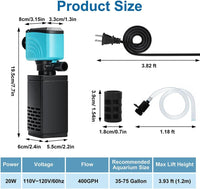 DaToo Aquarium Filter 5-15 Gallon Fish Tank Filter 120GPH Powerful - 20W 400GPH For 35-75 Gallon - image 2