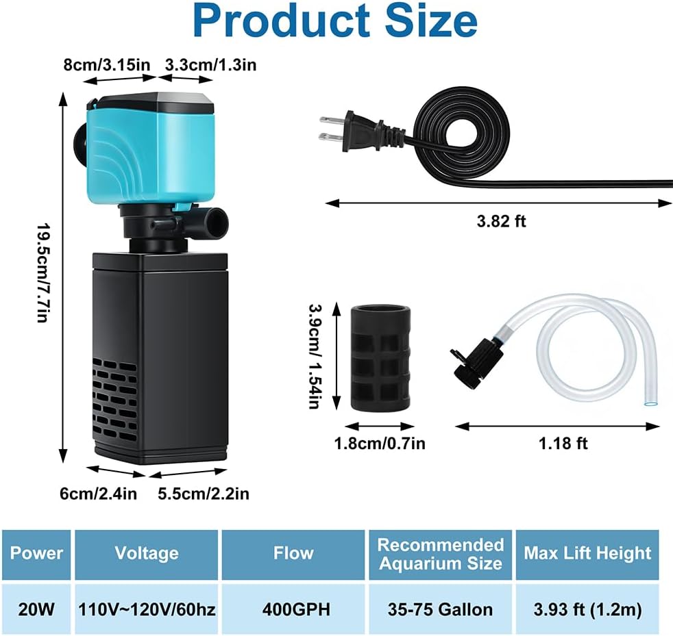 DaToo Aquarium Filter 5-15 Gallon Fish Tank Filter 120GPH Powerful - 20W 400GPH For 35-75 Gallon - image 2