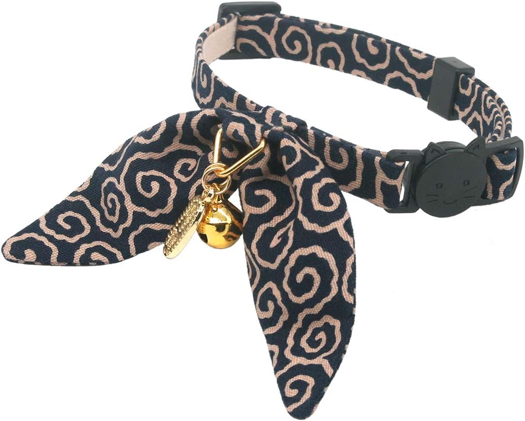 Bunny Ears Cat Collar, Japan Lucky ‘開三運’ Charm. Safety Breakaway Bowtie Kitten Collar with Bell - Standard (8-12inch,20-31cm) / Navy