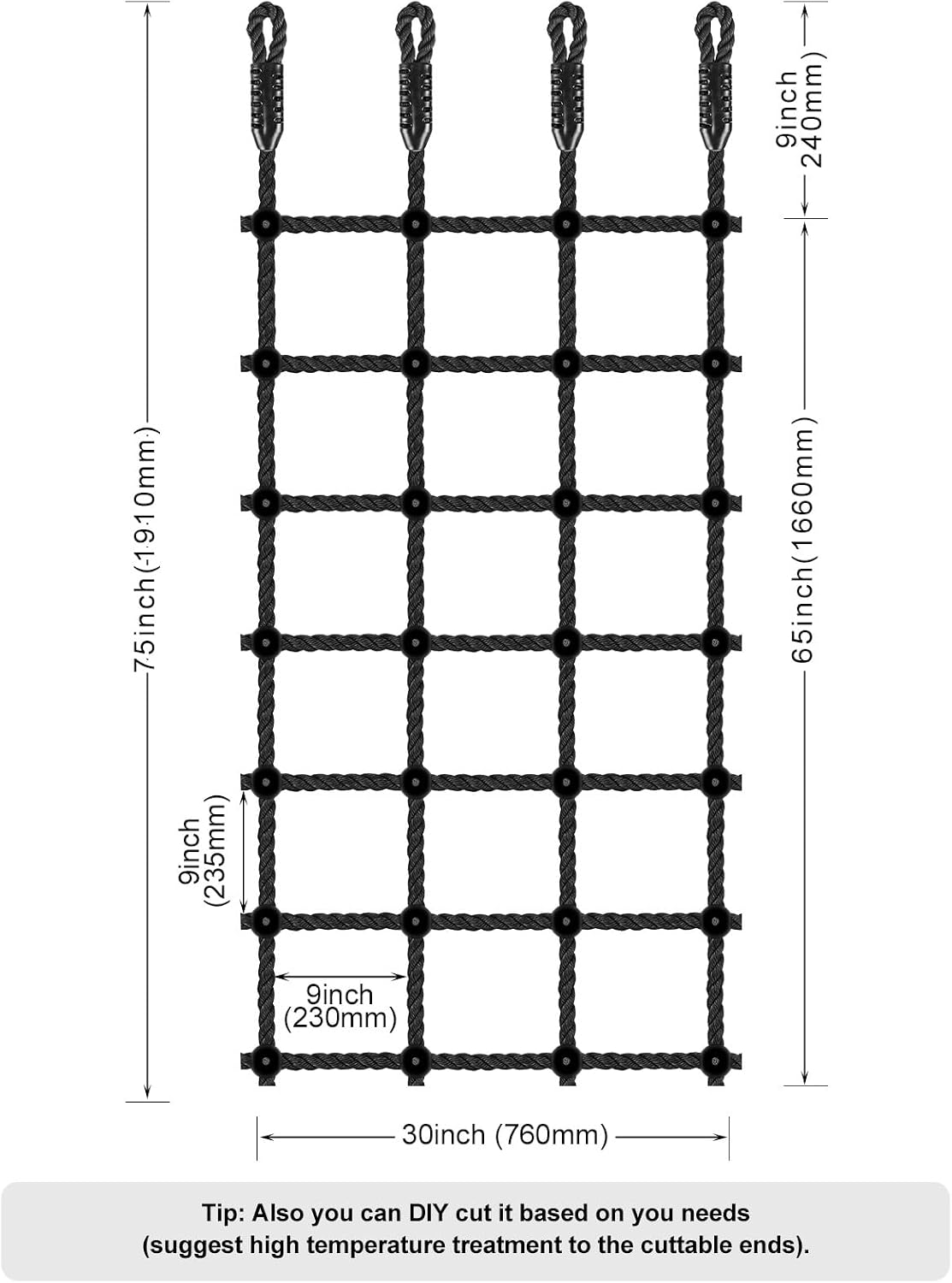 Climbing Cargo Net 49" x 77" Heavy Duty Climbing Rope Net for Outdoor - Black / 30" x 75" - image 4