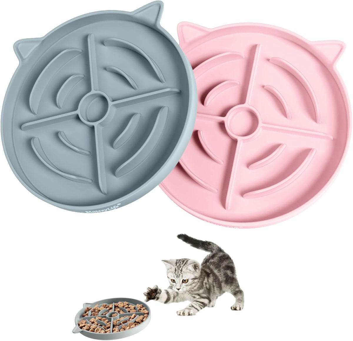 MateeyLife Slow Feeder Cat Bowl, Non-Slip Silicone Cat Dish - Pink + Gray