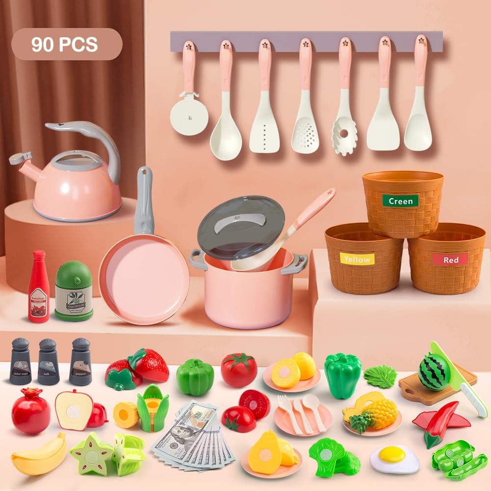35Pcs Kids Kitchen Toy Accessories - Pink / 90Pcs - image 2