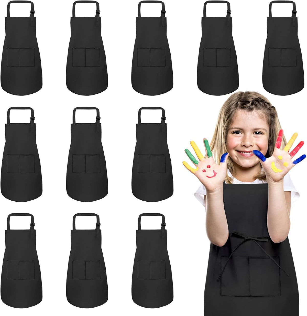 IAGBIBUI 12 pack of black kids aprons with two front pockets - view 3
