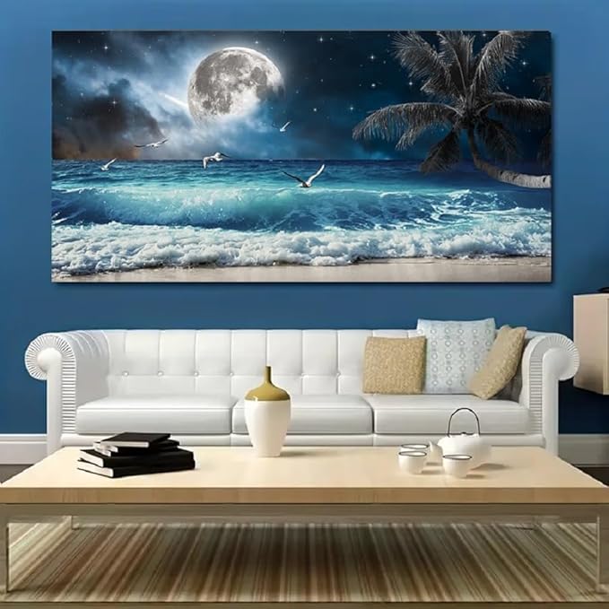 Yxbhhym Moon Ocean Decor Beach Wall Art Seascape Painting Sea Canvas Poster Prints Landscape Plam Pictures Artwork for Living Room Decor Wall Decorations large Framed Wall Art -20x40inches