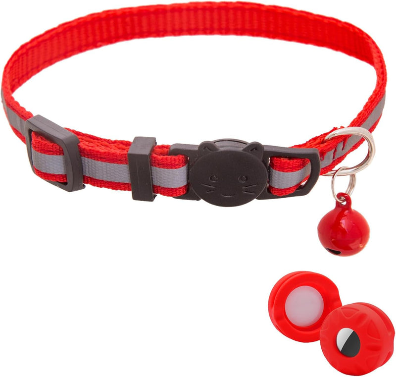Breakaway Cat Collar with Airtag Holder, Kitten Collar with Bell - red reflective
