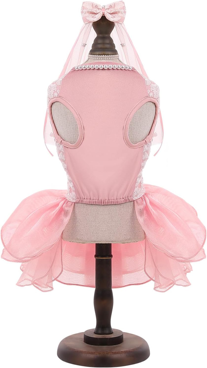 ASENKU Dog Dress, Dog Wedding Dress with Bows, Veil Attachment - Pink / Small - image 2