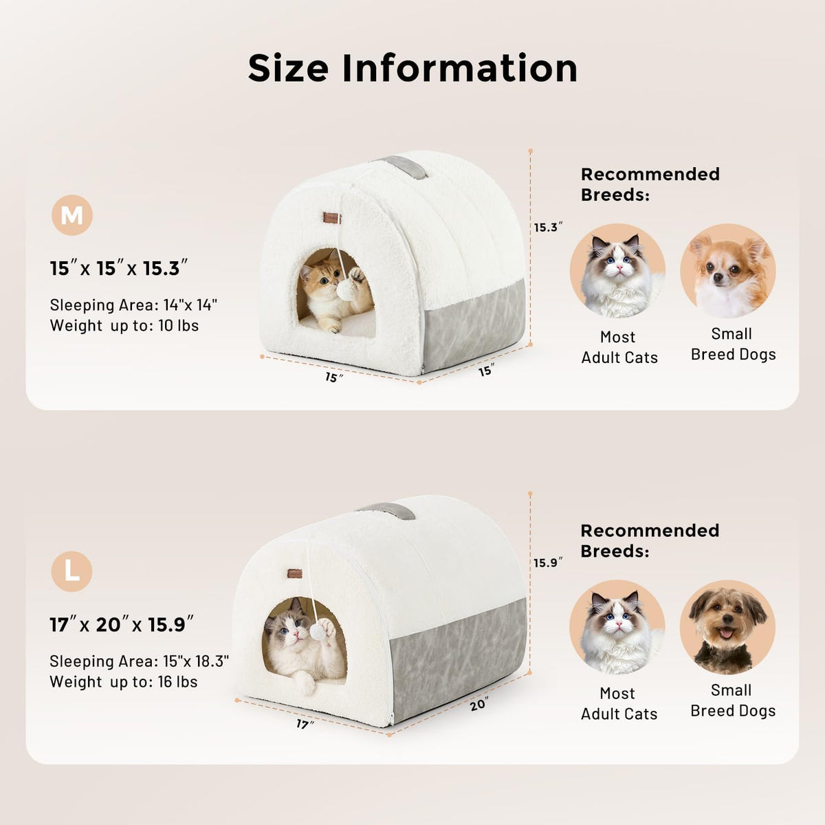 2in1 Cat Bed Cave for Indoor Cats Enclosed Bed with Washable Pillow – Essentials for Cats - M - 15.0"L x 15.0"W x 15.3"H / Cream - image 3