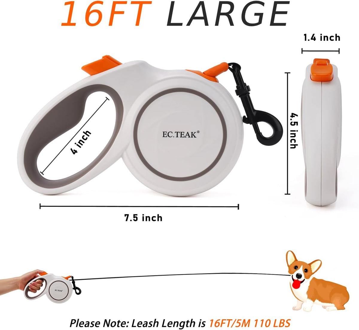 Retractable Dog Leash, Strong Nylon Tape, Tangle Free - White/Orange / Large - image 3
