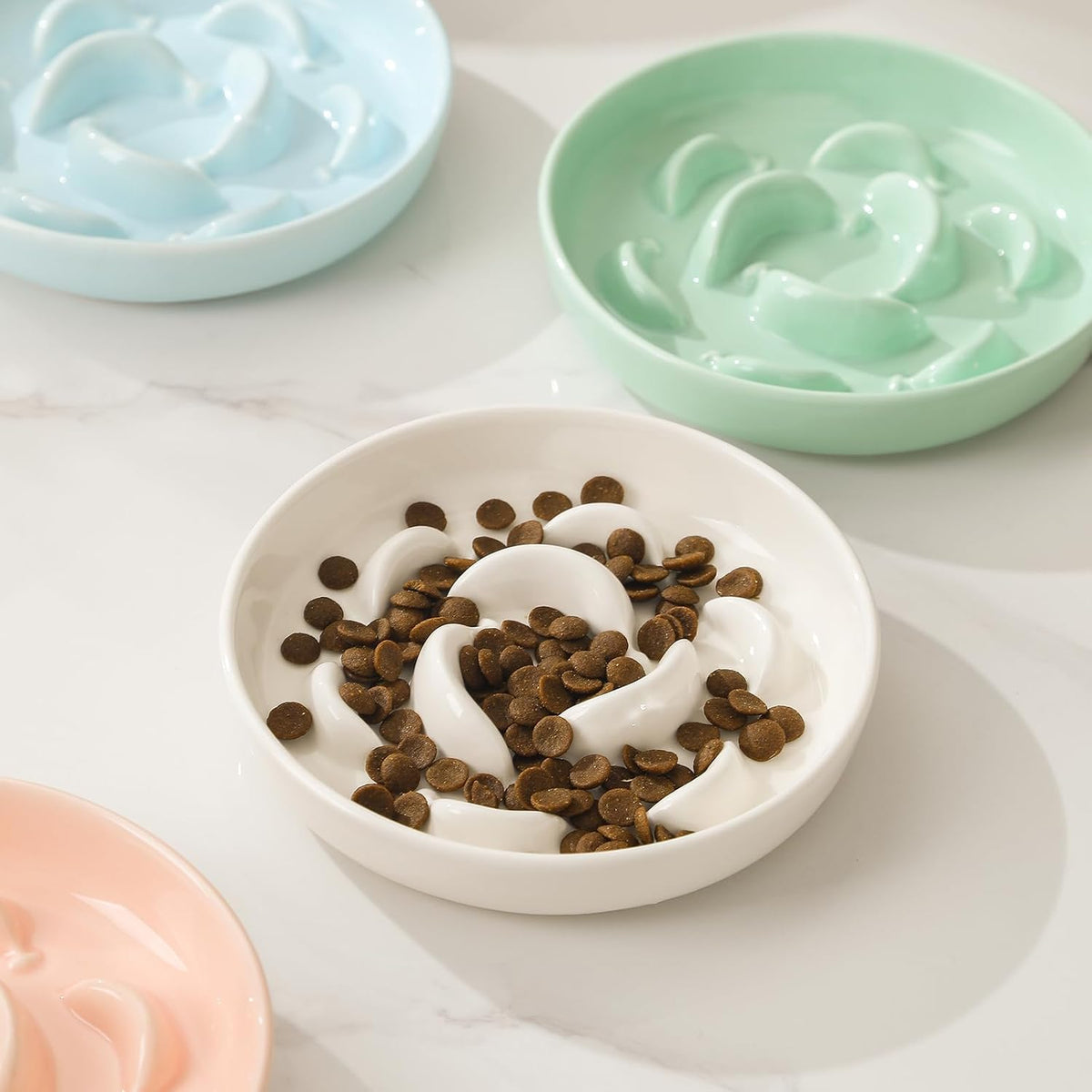 2 Pack Ceramic Cat Slow Feeder Bowl Set, 6.3" Wide - White and Blue - image 3