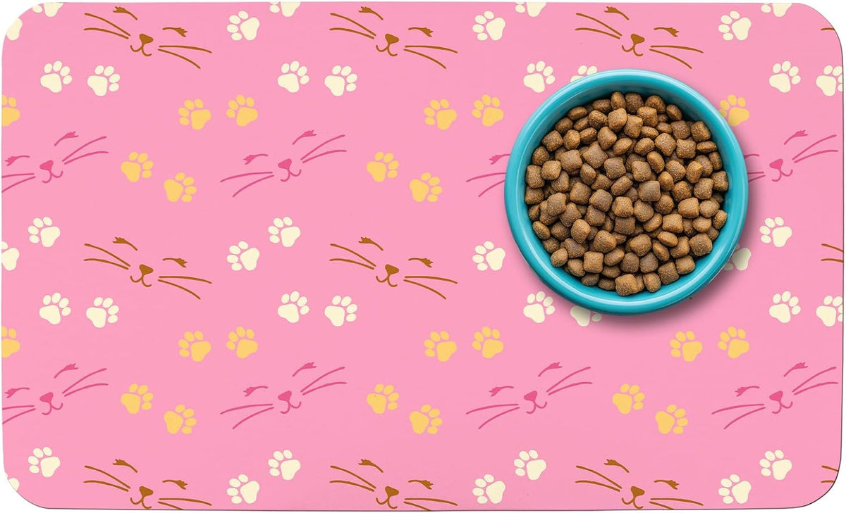Patterned Cat & Dog Bowl Mat for Food and Water - Small (12" x 20") / Pink-catpaw