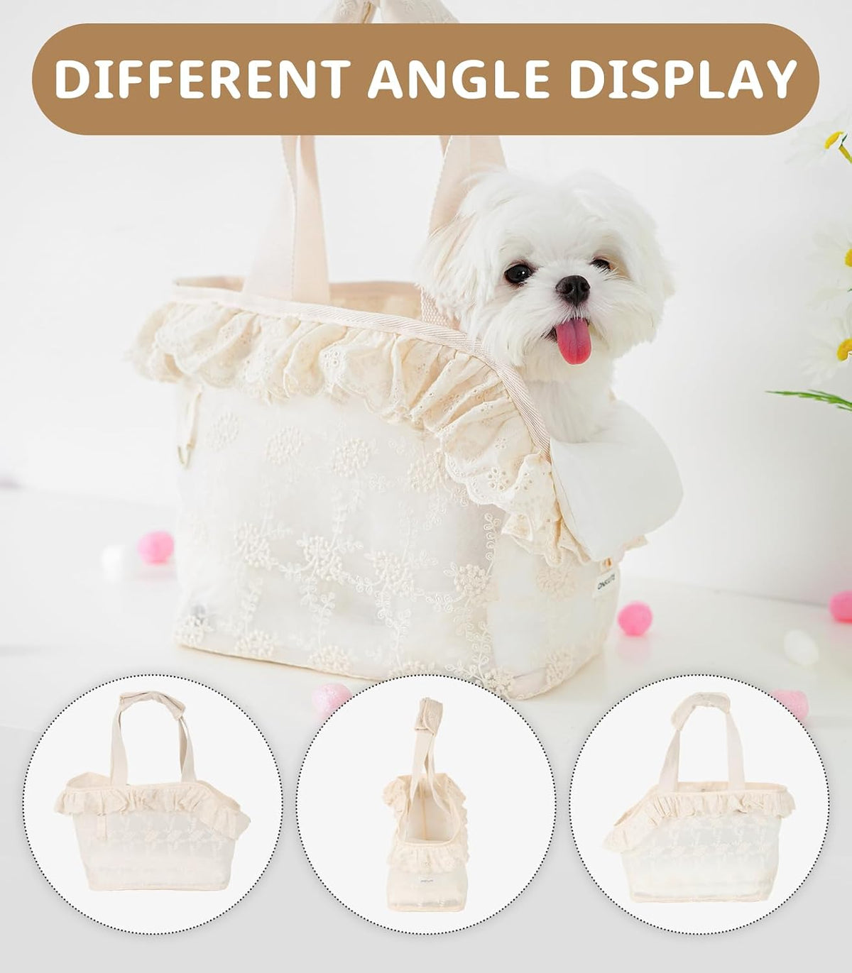 ONECUTE Dog Purse Carrier for Small Dogs Rabbit cat with Large Pockets - Beige Lace / 9.4"L x 5.9"W x 9.4"H - image 2