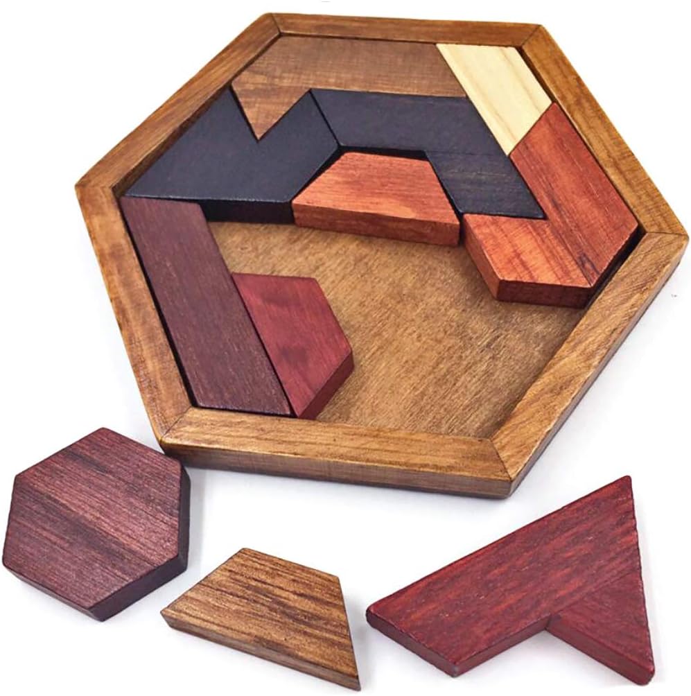 KINGOU Wooden Hexagon Tangram Brain Teaser Puzzle – Fun for Kids & Family