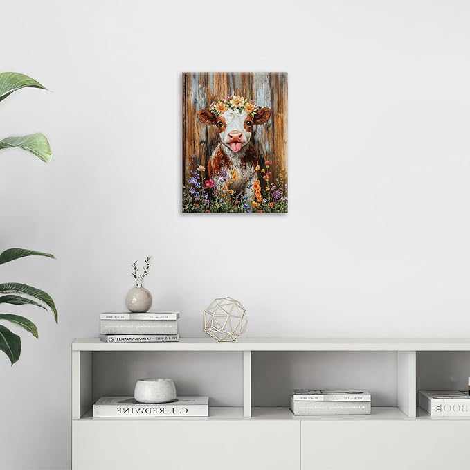 Funny Cow Bathroom Pictures Wall Art, Rustic Brown Cute Cow Bathroom Wall Decor, Farmhouse Floral Framed Painting Animal Flower Canvas Artwork for Bedroom Living Room Decorations 20"L x 16"W