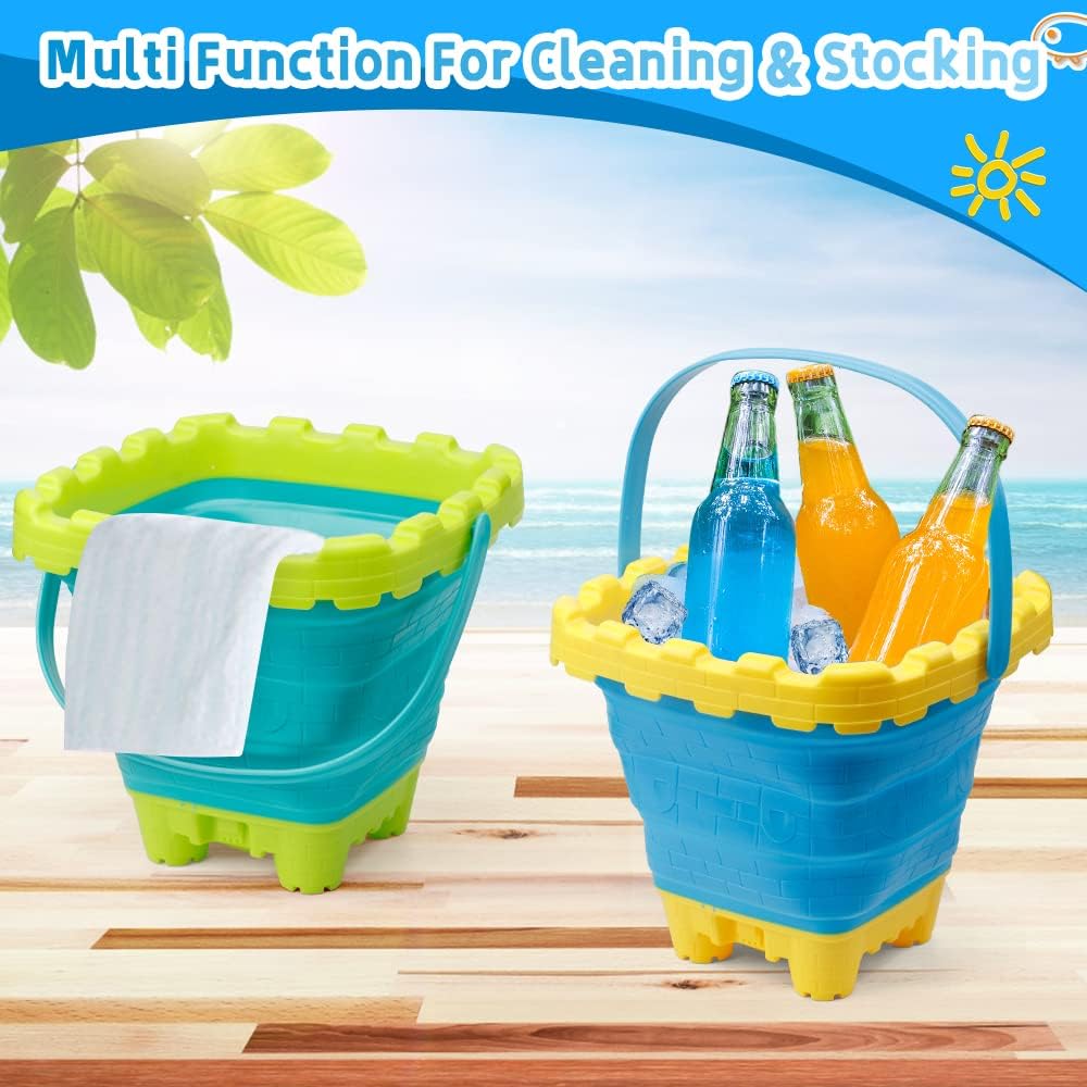 Anzmtosn castle sand buckets 3 pack, 7 inch green and blue beach pails with handles - view 8