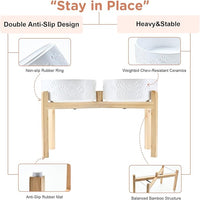 SPUNKYJUNKY Elevated Dog Bowls Ceramic, 8.3'' Dogs Food Water Bowls Raised with Non-Slip Bamboo Stand for Large Sized Breed Microwave Dishwasher Safe - 60 OZ,Paw White