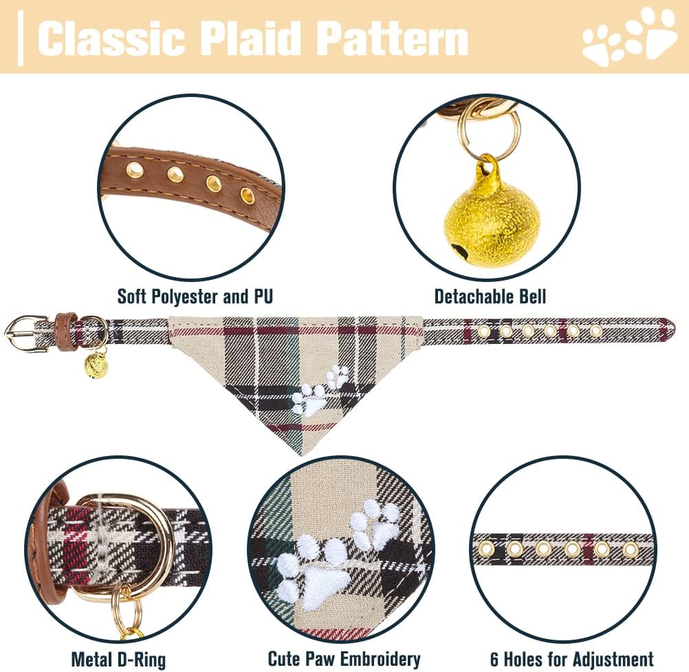 Dog Collar and Leash Set - Embroidery Floral Dog Bow Tie and Bandana Collar with Bell, Cute Flower - Beige / S-M - image 2