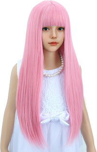 WAVELNM kids long straight black wig with hot pink highlights and bangs - view 24