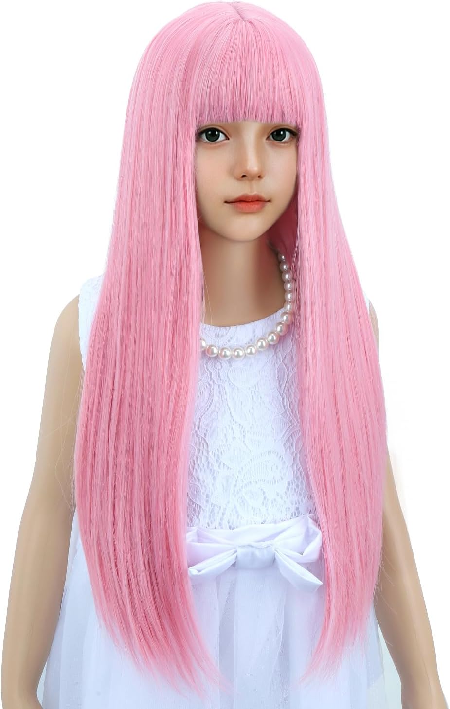WAVELNM kids long straight black wig with hot pink highlights and bangs - view 24