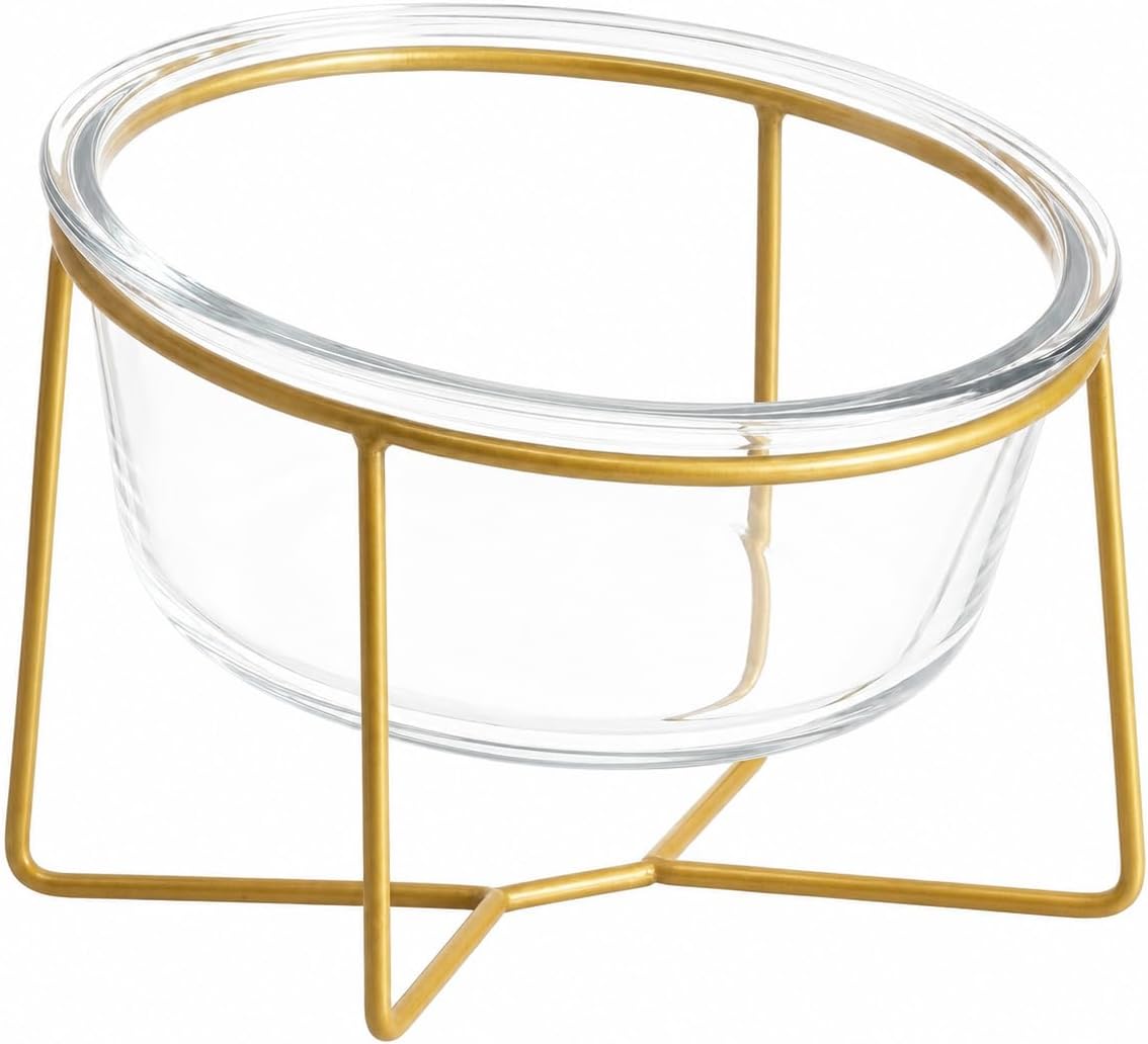 Small Glass Tilted Elevated Cat Dog Bowl Raised Cat Food Water Bowl - Large / Glass