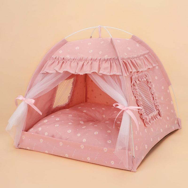 Selena Cat Bed Tents Dog House Indoor Outdoor Lace Mesh Breathable - Small / Pink(Ruffled Teim)