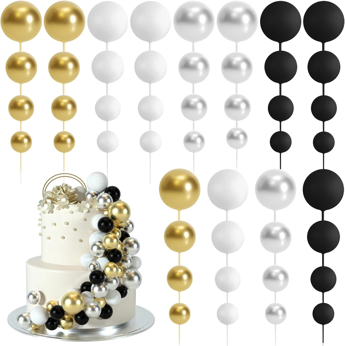48 Pcs Balls Cake Topper Decorations Balloon Cupcake Toppers Foam - A01-black, Silver, White, Gold