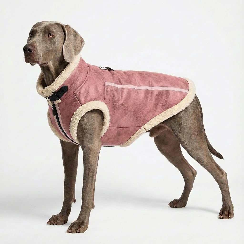 Retro Aviator Dog Jacket – Faux Leather Winter Coat with Plush Sherpa Fleece Lining for Bulldog - Pink / XXX-Large - image 4