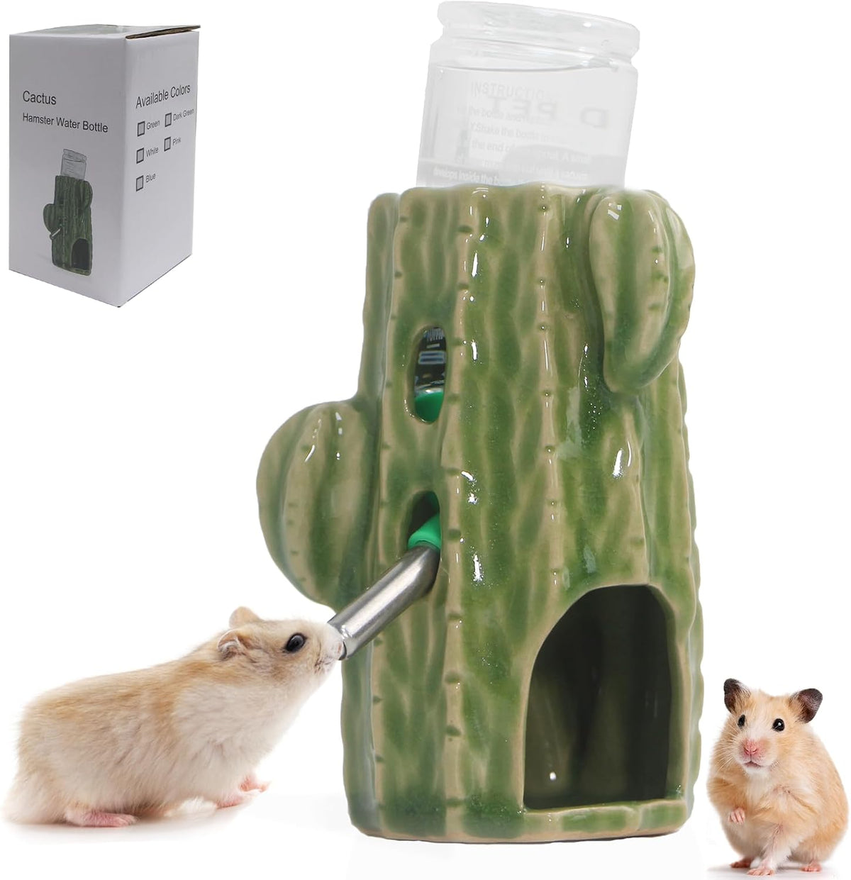 Adjustable No Drip Ceramic Hamster Water Bottle for Glass Tank – Essentials for Small Pets - Green Cactus