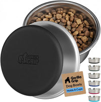 GORILLA GRIP Dog Bowl Set, Food Grade 304 Stainless Steel, 8 Cup - Black / 8 Cup (Set of 2)