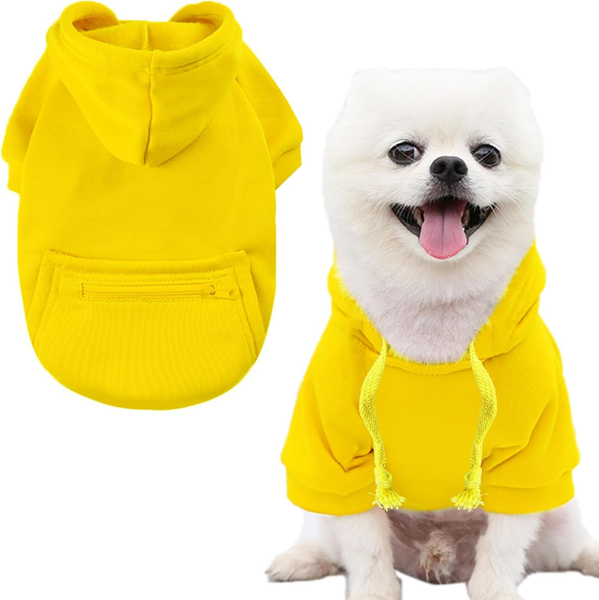 Solid color woolen winter dog hoodie with zipper pockets for small dogs