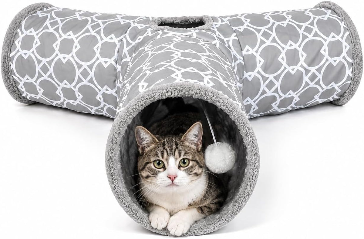 Geometric Straight Cat Tunnel with Plush Inside - 3 Way Tunnel