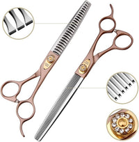 Fenice Peak 7.5‘’ Professional Dog Grooming Scissors Set Rose Gold 440C Stainless Steel Straight Thinning Curved Chunker Shears 4pcs Set for Pet Grooming Services Dogs and Cats